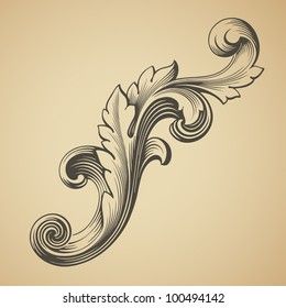 an ornate design with swirls and leaves on a beige background, in the style of engraving