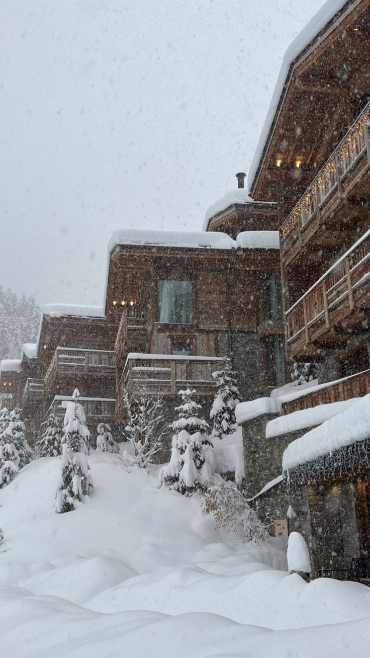 a snow covered building with lots of trees in the foreground and lights on above it