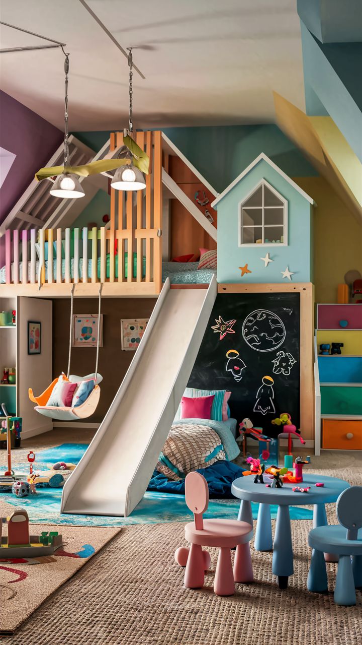 a child's playroom with a slide and toys