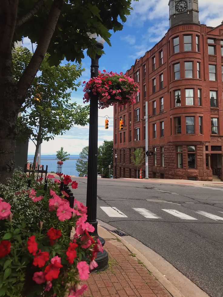 a clock tower on the corner of a street with flowers in front of it and water in the background