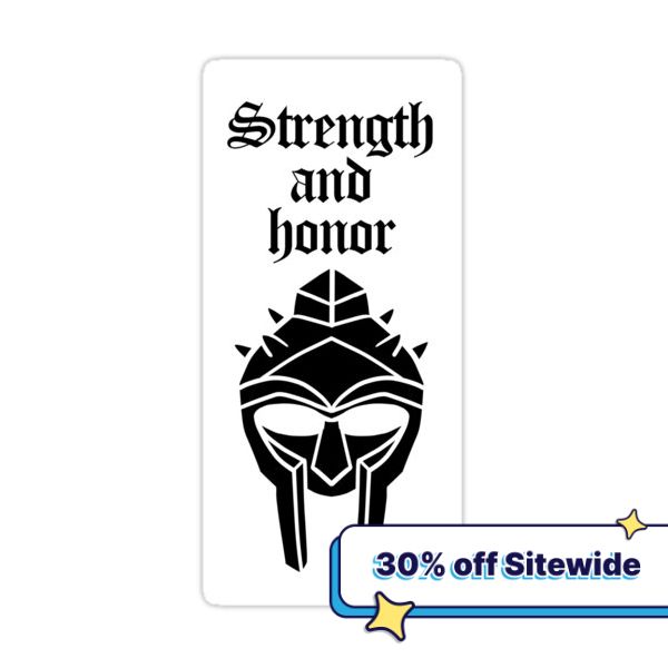 a sticker with the words strength and armor on it, next to an image of a