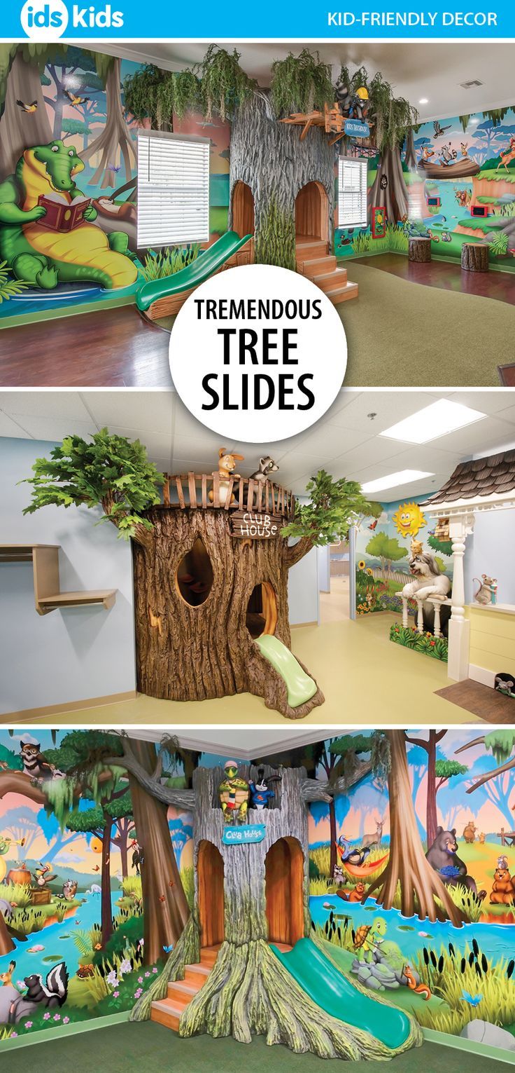 kids's playroom with tree slides and murals on the walls, in different colors