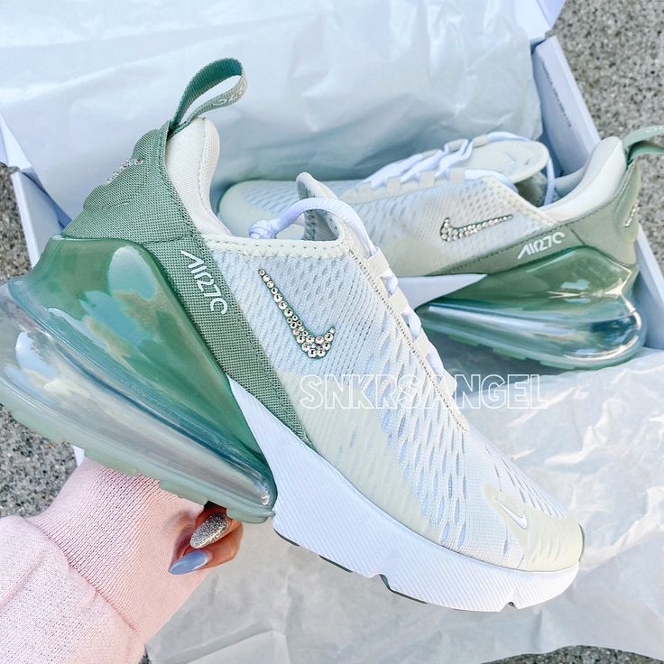 Brand New With Box Authentic Swarovski On 4 Sides And Back Cute Air Maxes, Nike Air Max 270 Custom, Nike Air Max 270 Green, Nike Bubble Shoes, Nike 270 Shoes, Sage Green Shoes, Nike Shoes For Girls, 270 Air Max Shoes, 270 Nike Shoes