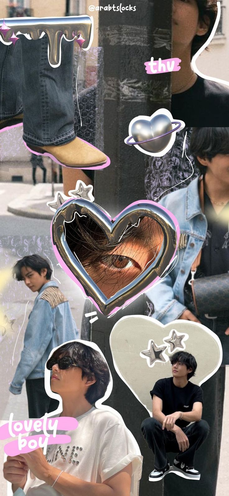 a collage of people sitting and standing in front of a building with heart shaped stickers on them