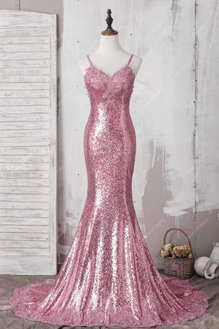 Shiny and ornate, this pink sequin prom dress with spaghetti straps features delicate lace appliques #promdress Fit And Flare Prom Dress, Flare Prom Dress, Military Ball Dress, Glitter Prom Dress, Lace Mermaid Dress, Prom Dress With Train, Navy Prom Dresses, Military Ball Dresses, Sequin Bridesmaid Dresses