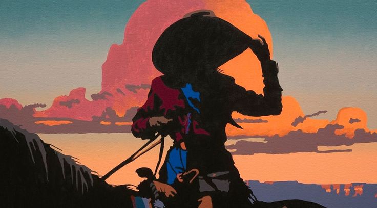 a painting of a person riding a horse in front of a mountain with clouds and sunset