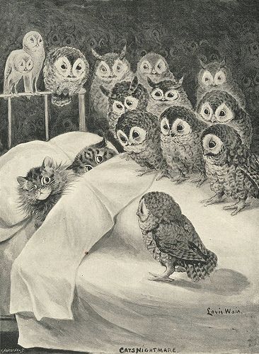 an owl is laying in bed surrounded by owls