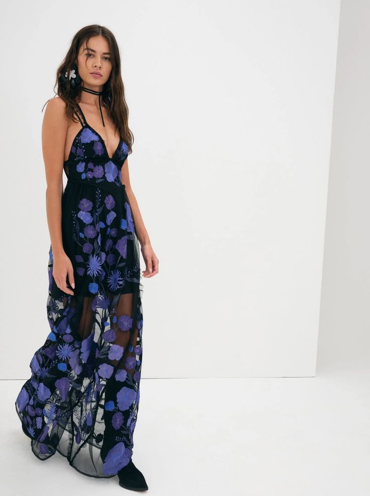 Kaylee Maxi Dress in Purple – For Love & Lemons Blue V-neck Dress For Summer Parties, V-neck Dresses For Summer Parties, Sleeveless Spring Floral Dress For Party, Chic Evening Maxi Dress With Floral Embroidery, Chic Maxi Dress With Floral Embroidery For Party, Chic Floral Embroidered Maxi Party Dress, Chic Floral Embroidery Maxi Dress For Evening, Spring Party Midi Dress In Dressy Style, Chic Floral Embroidery Dress For Spring