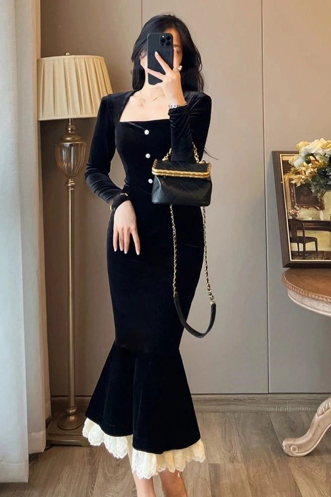 Velvet Bodycon Dress, Elegant Black Dress, Elegant Midi Dresses, Velvet Midi Dress, Fishtail Dress, Dress Women Elegant, Long Bodycon Dress, Lace Patchwork, Lace Bodycon Dress