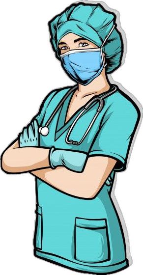 a nurse in scrubs with her arms crossed and wearing a surgical mask over her face