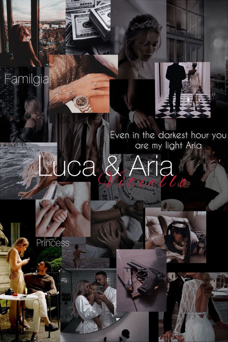 a collage of pictures with the words lucas & aria written in white on them