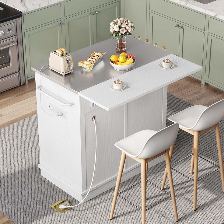 a kitchen island with two stools next to it