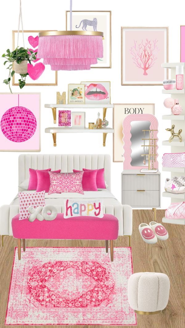 a pink and white bedroom with pictures on the wall, rugs, pillows and decor