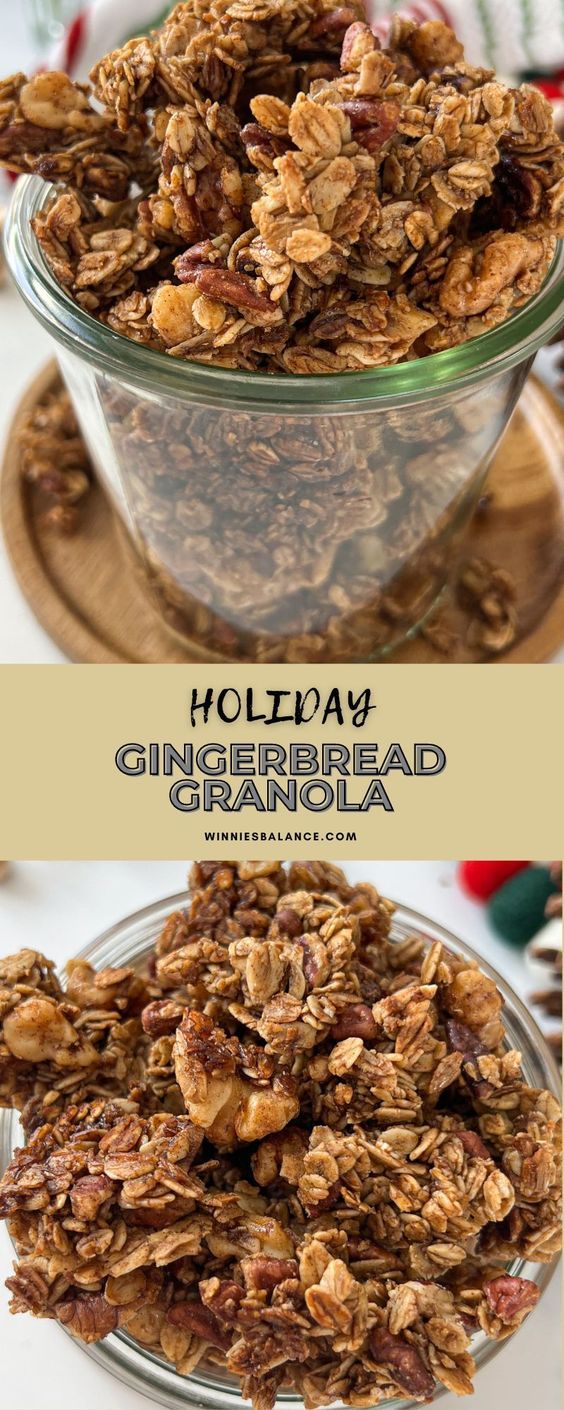 homemade granola in a glass bowl on a wooden platter with the words holiday gingerbread granola above it