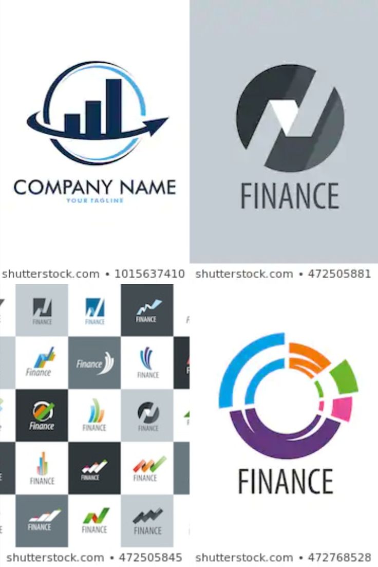 four different logos for finance companies, including one with an arrow and the other with a graph