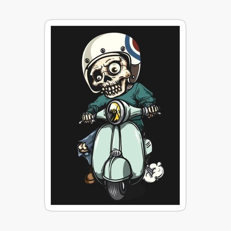 a skeleton riding a scooter with a helmet on it's head sticker