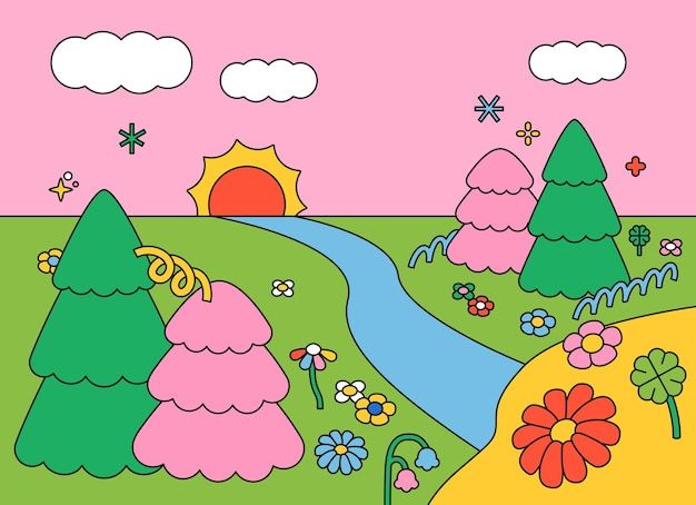 an image of a cartoon landscape with trees and flowers