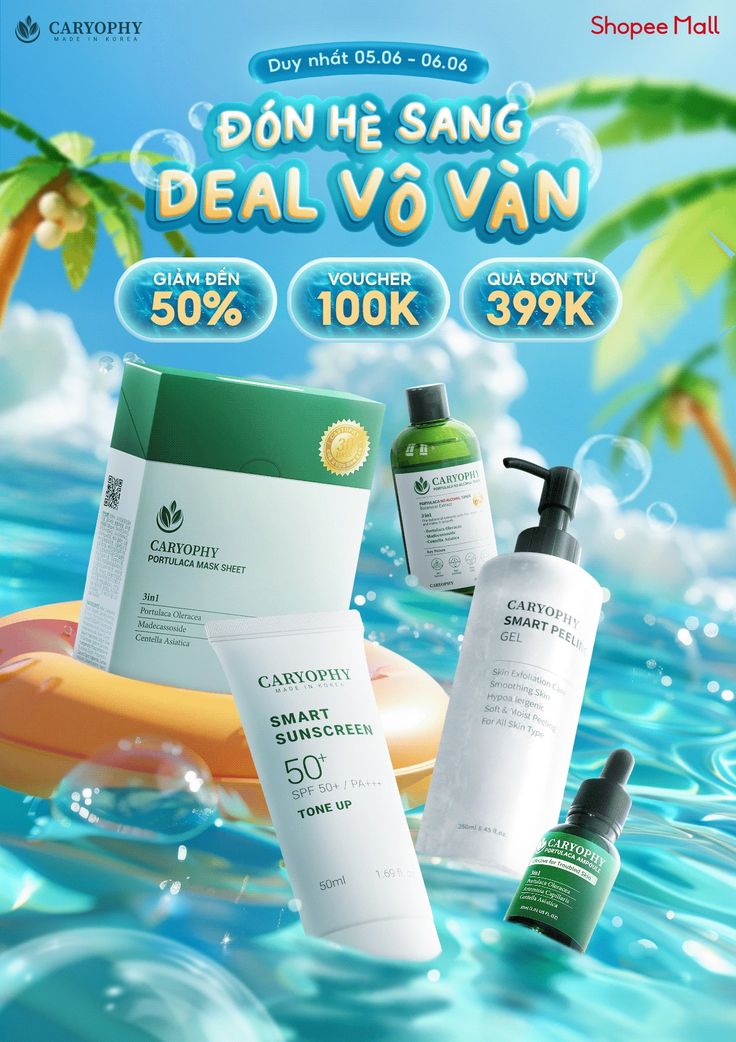 an advertisement for some skin care products in the water with palm trees and blue sky