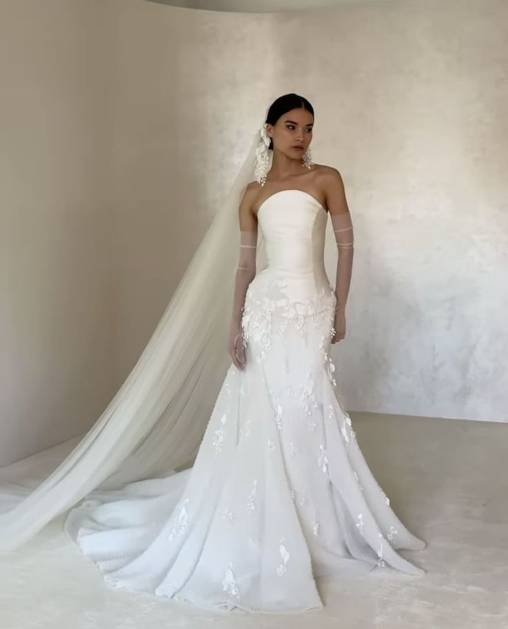 a woman in a white wedding dress with a veil on her head and one arm over her shoulder