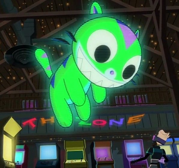 an animated character standing in front of a neon sign