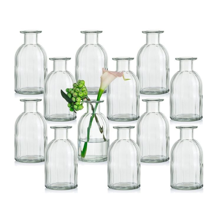 twelve clear vases with flowers in them on a white background, one is empty