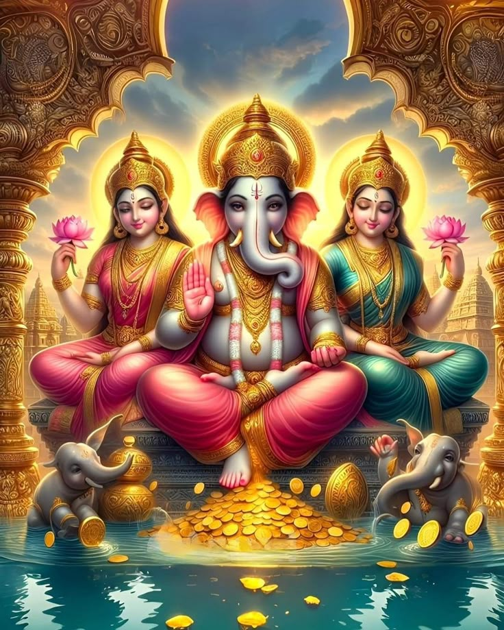 lord ganeshri sitting on the water with his two elephants in front of him