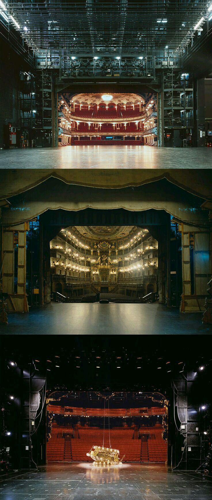 the inside and outside of a theater with seats on each side, in different stages