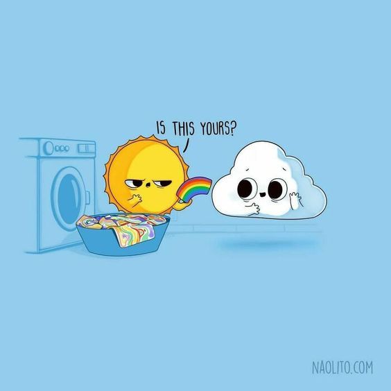 a cartoon sun and cloud are in front of a washing machine that says is this yours?