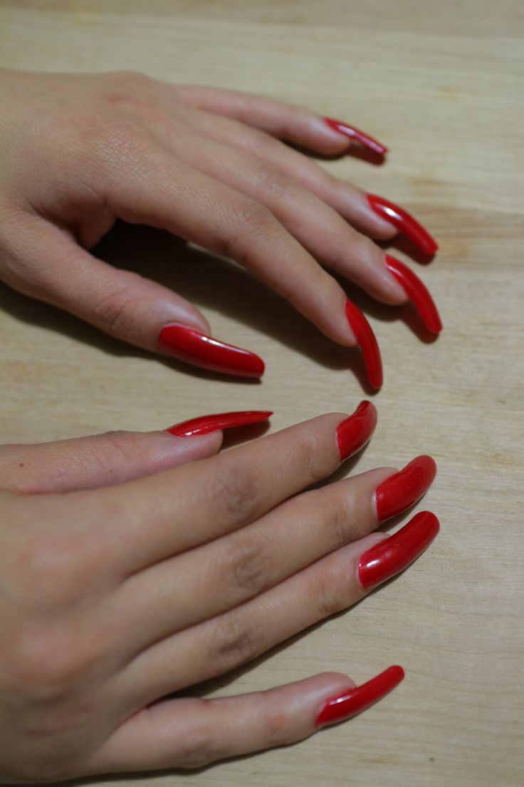 youtube.com/user/Seesnails Red Curved Nails, Seductive Red Nails, Extra Long Red Nails, Cherry Red Stiletto Nails, Red Nails Whisper, Really Long Nails, Red Toenails, Stiletto Nails Short, Long Natural Nails