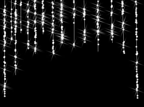 a black and white photo with stars hanging from it's sides, in the dark