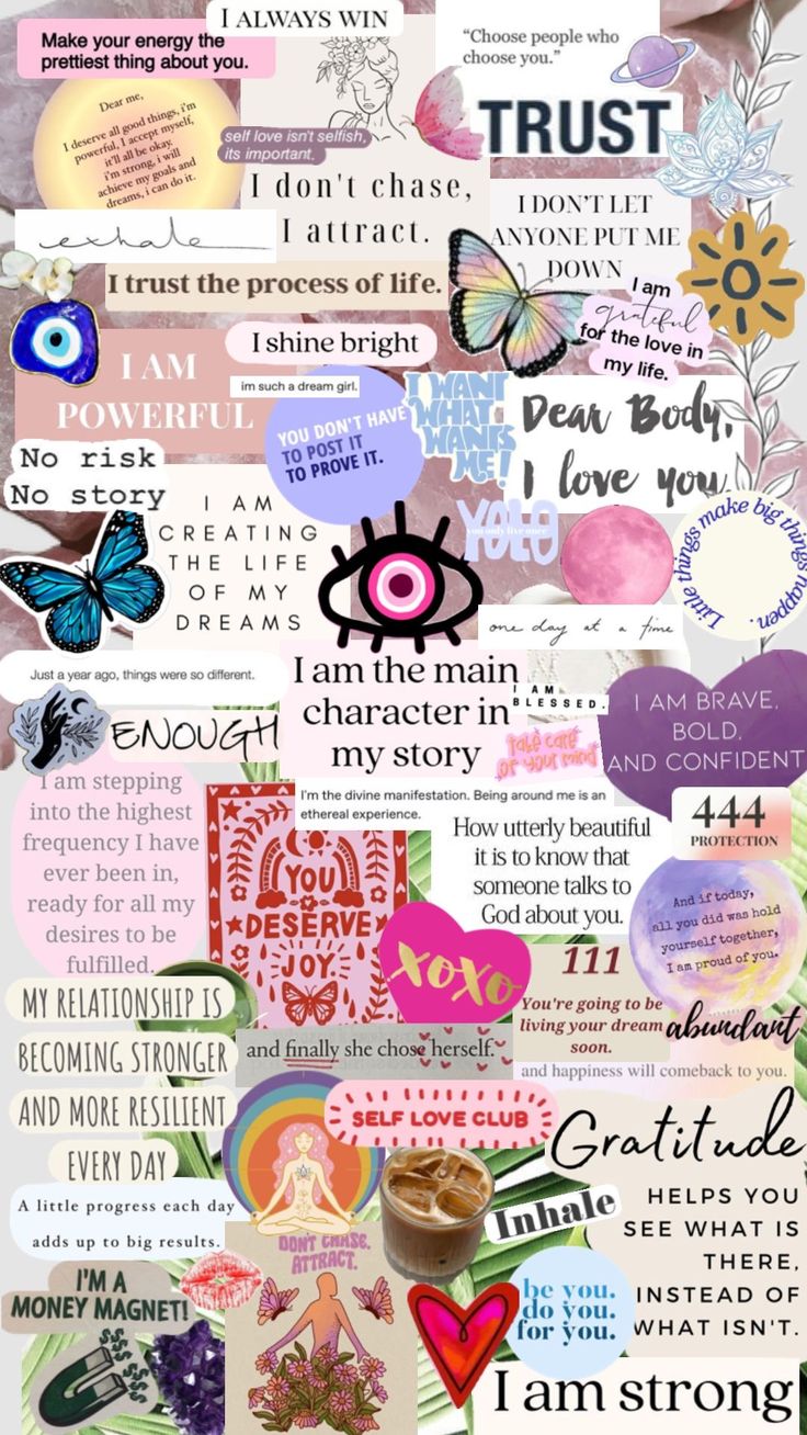 a collage of different types of papers with words and pictures on them, including an eye