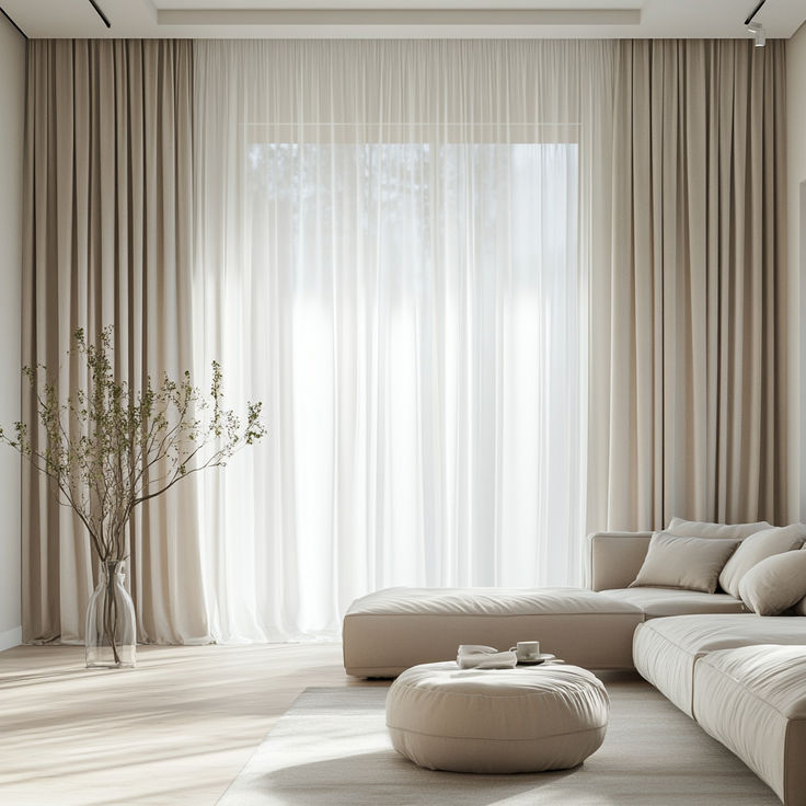 a living room with a couch, coffee table and large window covered in drapes