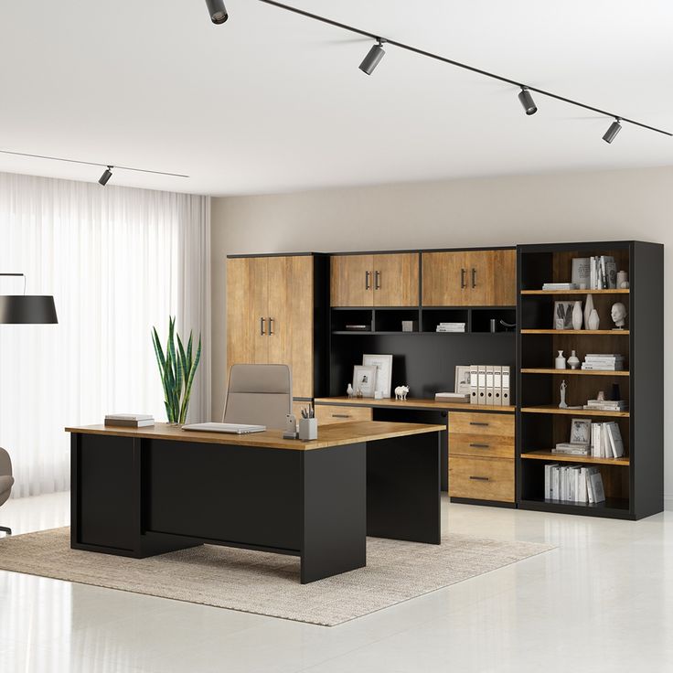 an office area with desk, bookcases and chair in it's center