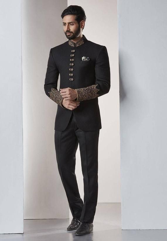 Mens Jodhpuri Suit India Black Wedding Dress Classic & luxurious Velvet Jodhpuri Suit , hip length Jacket Heavy Weight 1100 GRAMS Breast pocket finished with Black satin binding Jacket is fully lined with 100% satin Perfect for Wedding, hosting, smoking, lounging & all occasions Perfect gift Groom Dress Men, Ethnic Suit, Wedding Suits Groom, Indian Men Fashion, Wedding Dress Men, Designer Suits For Men, Etsy Wedding Dress, Fashion Suits For Men, Groom Wear