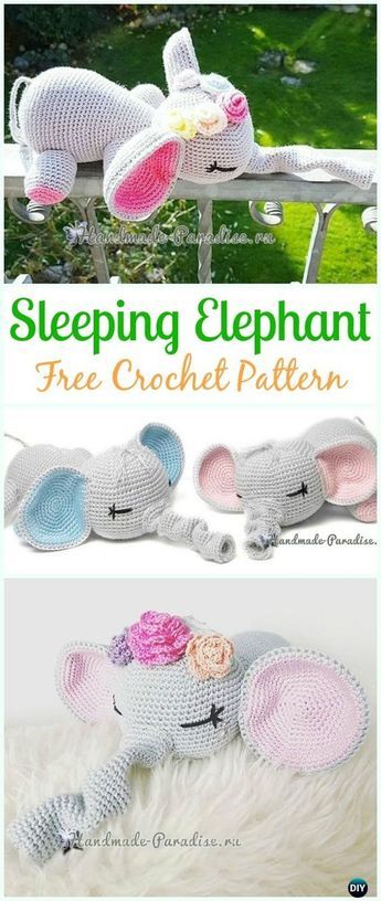 two crocheted elephants laying on top of each other with the text sleeping elephant free crochet pattern