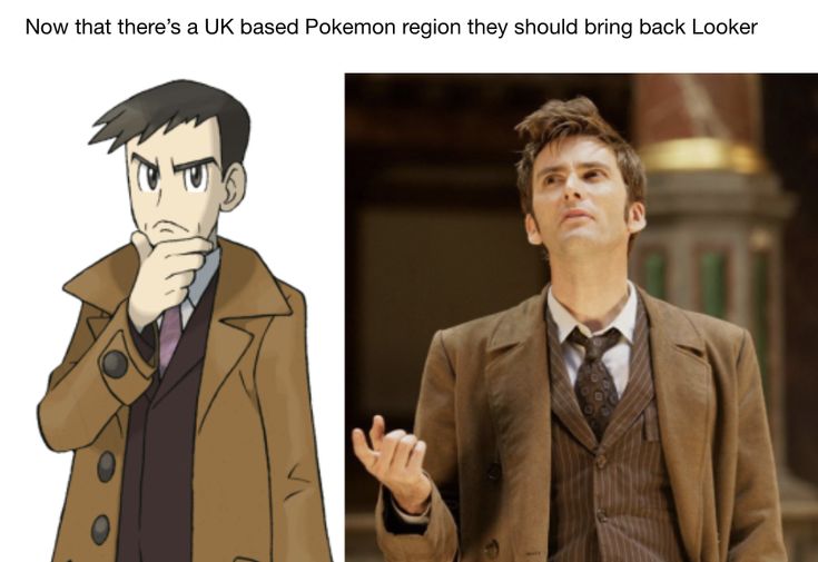 an image of a man in a suit and tie with the caption, now that's a uk based pokemon they should bring back looker