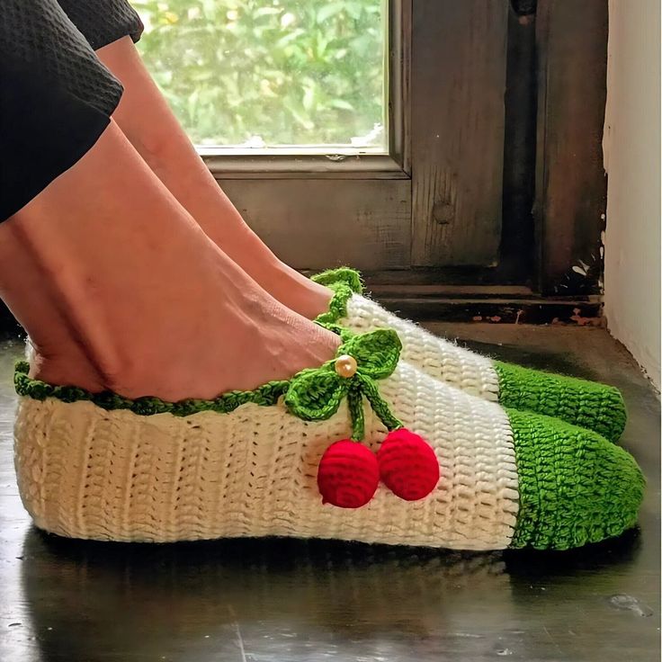 Step into comfort and style with our exclusive Green Cream Cherry Pattern Turkish Slippers! These cozy and unique slippers are meticulously handcrafted using 100% acrylic yarn, ensuring a soft touch and durability. 🍒 Chic Design: The delightful cherry pattern on a soothing green and cream background adds a touch of whimsy to your daily routine. These Turkish-style slippers are not just for warmth but also make a fashion statement, showcasing your individuality. 🌈 Versatile & Practical: Perfect Green And Cream Background, Turkish Slippers, Unique Slippers, Crochet Green, Slippers Socks, Slippers Crochet, Cherry Pattern, Turkish Style, Turkish Fashion