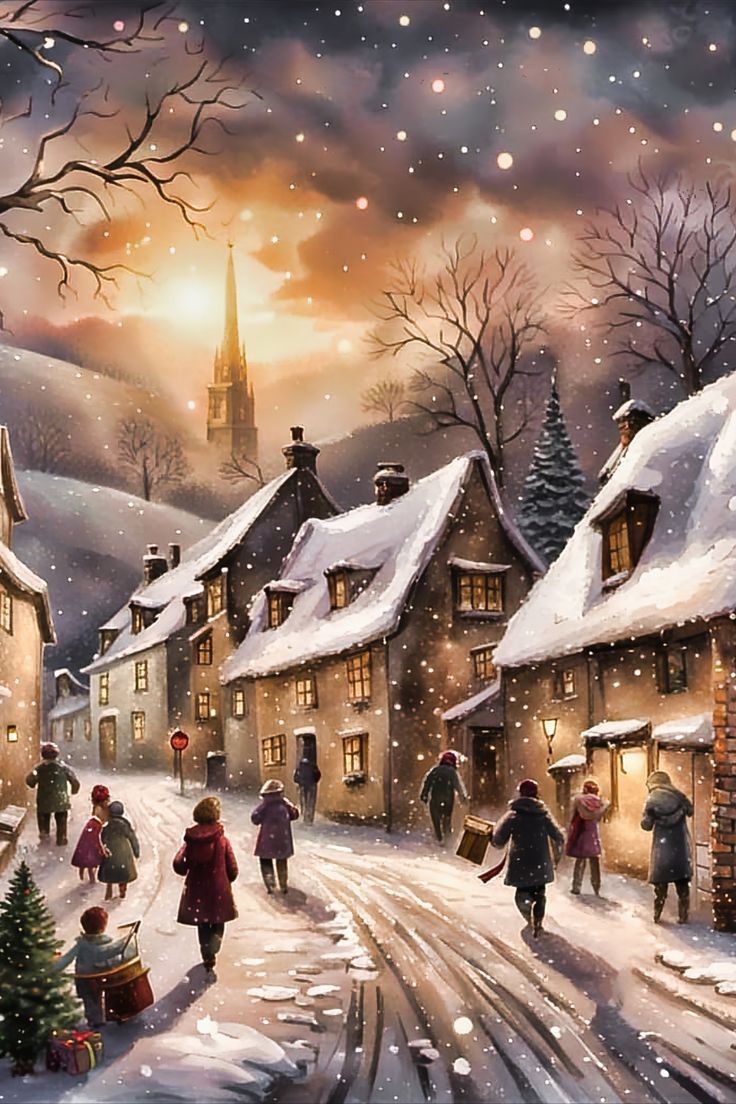 a painting of people walking down a snow covered street in front of small houses with christmas trees