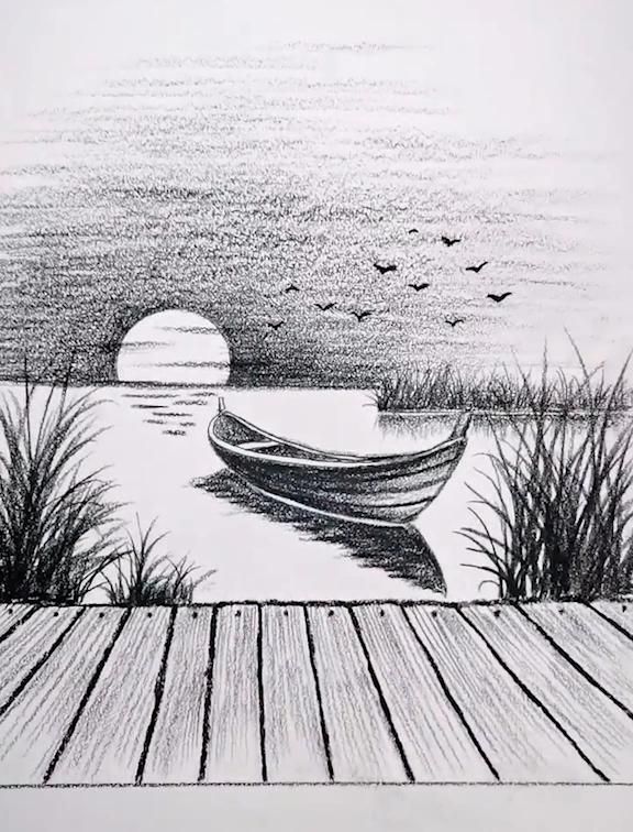 a drawing of a boat on the water with birds flying over it and grass in the foreground