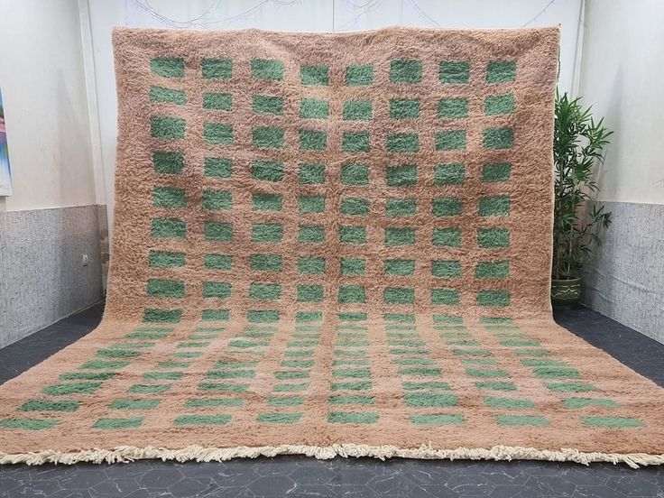 a green and beige blanket sitting on top of a black floor next to a potted plant