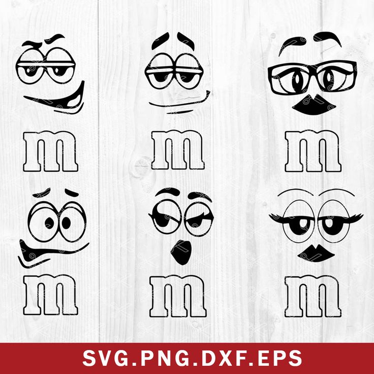 six different faces drawn in the shape of m and m with eyes, nose and mouth