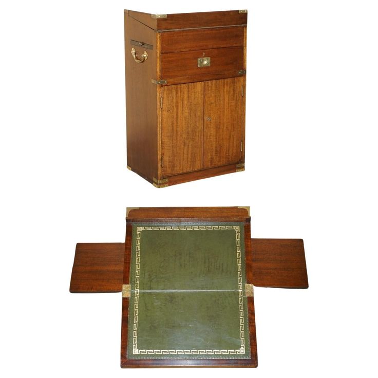 two pieces of furniture are shown in three different positions, one is empty and the other has an open drawer