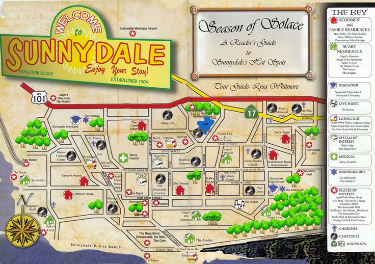 the map for sunnydale is shown in front of a large sign that says,