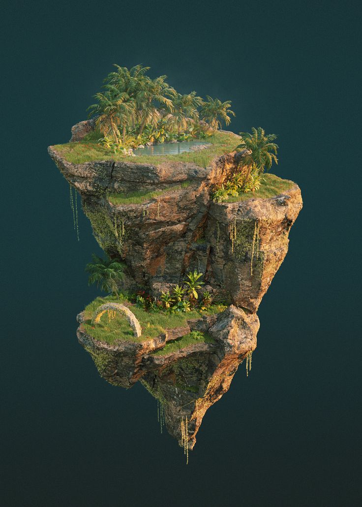 an island floating in the air with palm trees and other plants on top of it