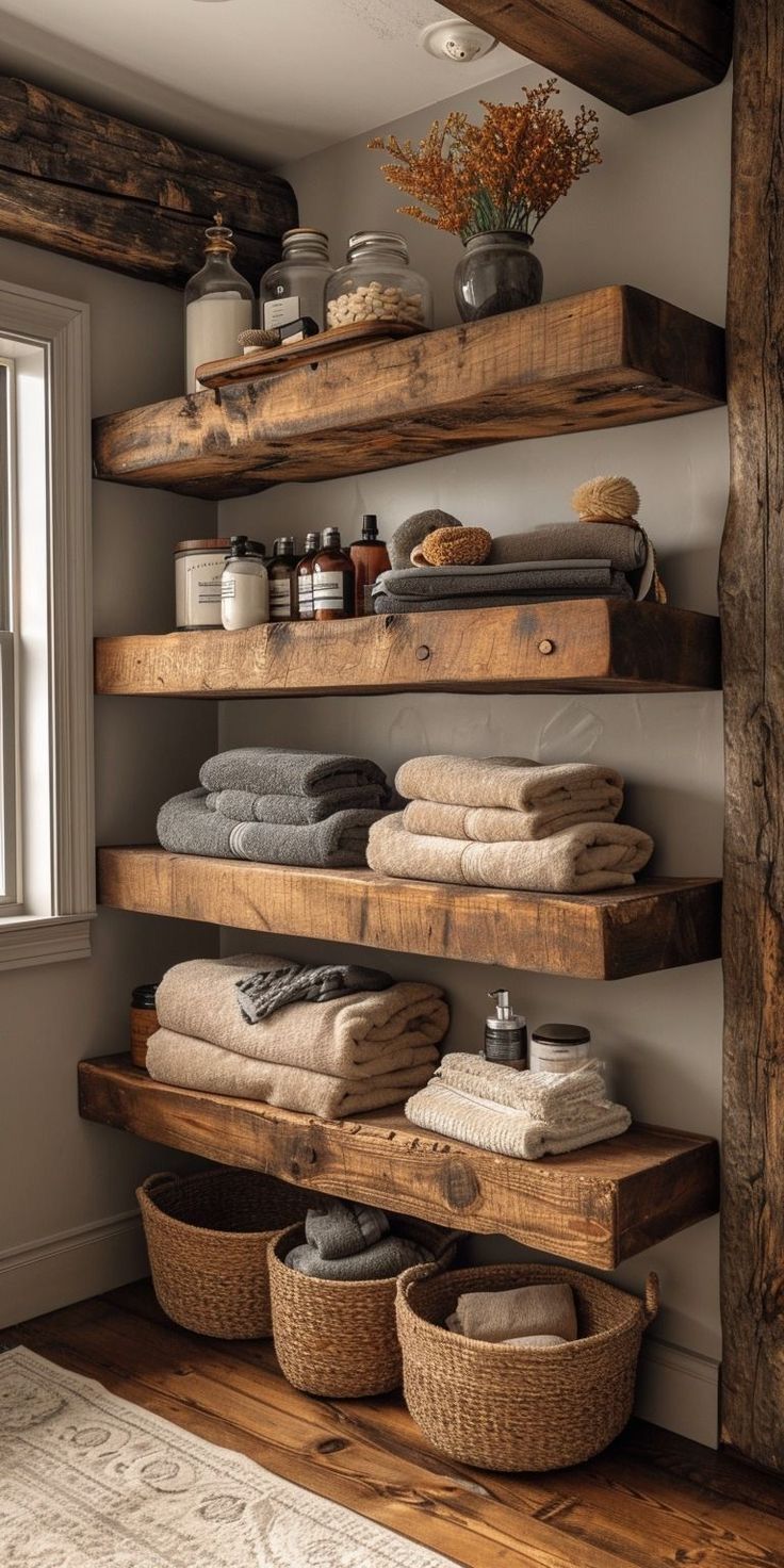 the shelves in this bathroom are made out of wooden planks and have towels on them