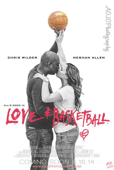 a man and woman kissing while holding a basketball in front of their face with the words love basketball written on it