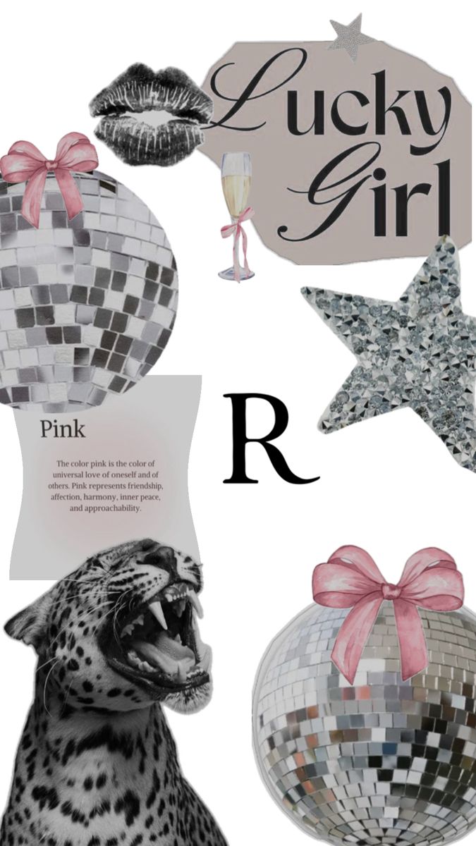 a collage of various items including a mirror ball and a leopard with a pink bow