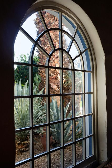 an arched window with potted plants in front of it and a view of the outside