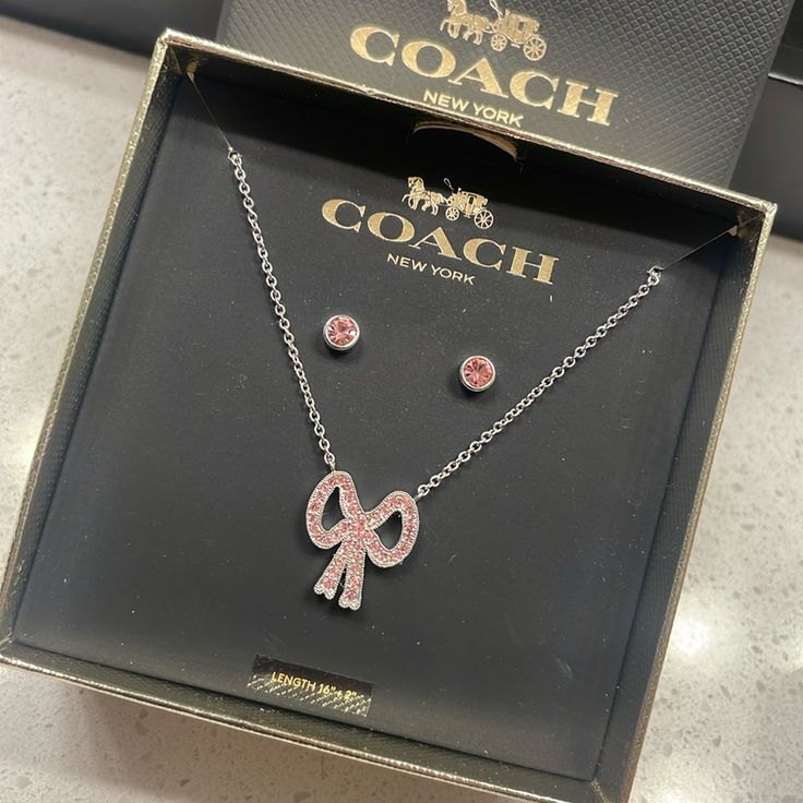 Brand New In Box Coach Pink Bow Necklace And Matching Pink Stud Earrings Coach Necklace, Pink Stud Earrings, Boxing Coach, Coach Jewelry, Pink Studs, Bow Necklace, Bow Jewelry, Girly Jewelry, Pretty Shoes