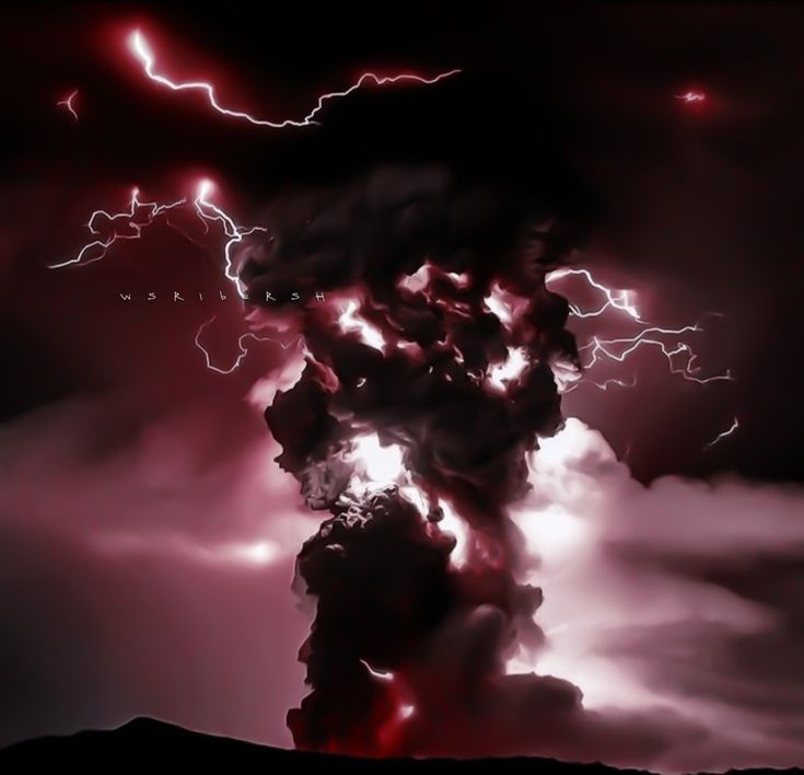 a black and white photo with red lights in the sky above some clouds, lightning